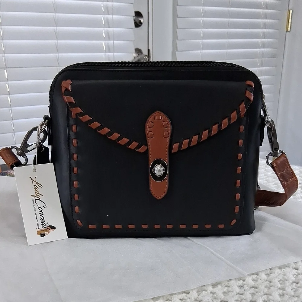 Lady Conceal Black and Brown Leather Crossbody Bag - Picture 1 of 13